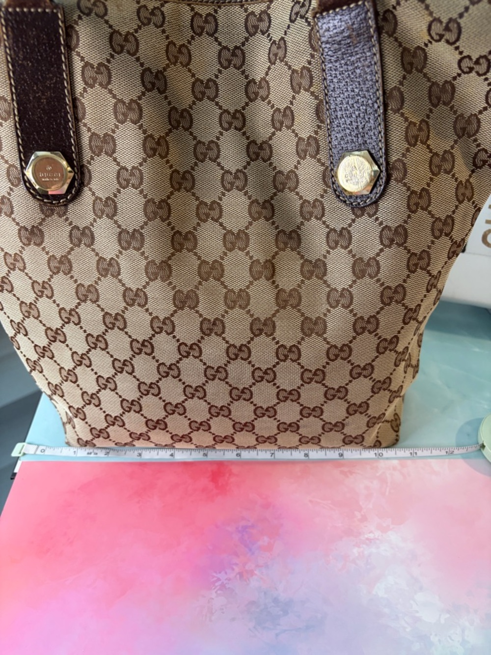 👜 Gucci GG Monogram Charmy Tote Bag Canvas & Leather Trim in Brown & Tan ✨ - Picture 14 of 16